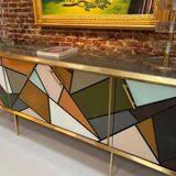 Mid-Century Modern Style Solid Wood Colored Glass and Brass Italian Sideboard