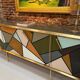 Mid-Century Modern Style Solid Wood Colored Glass and Brass Italian Sideboard