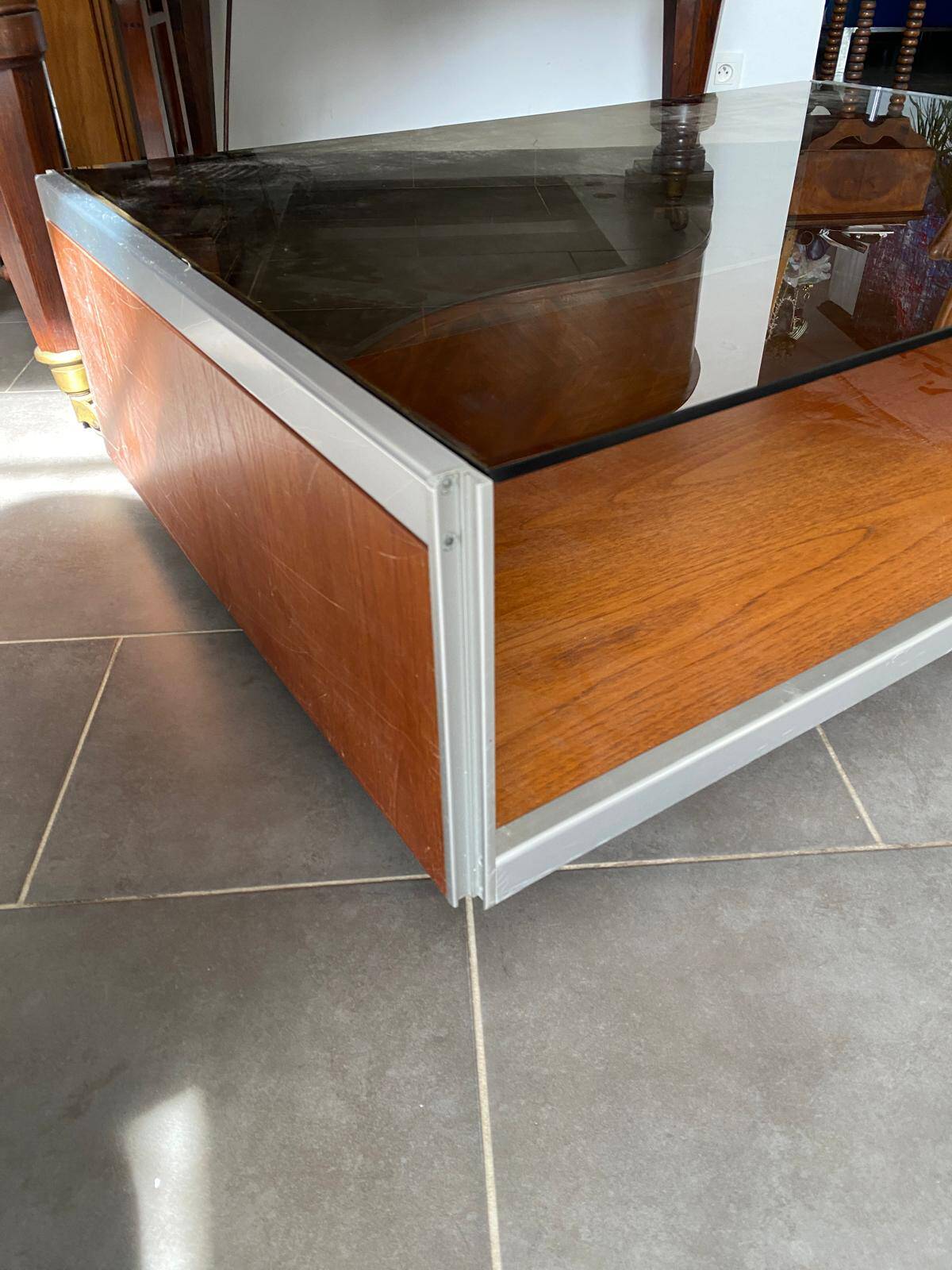 Coffee Table in Wood, Aluminium and Smoked Glass, 1970