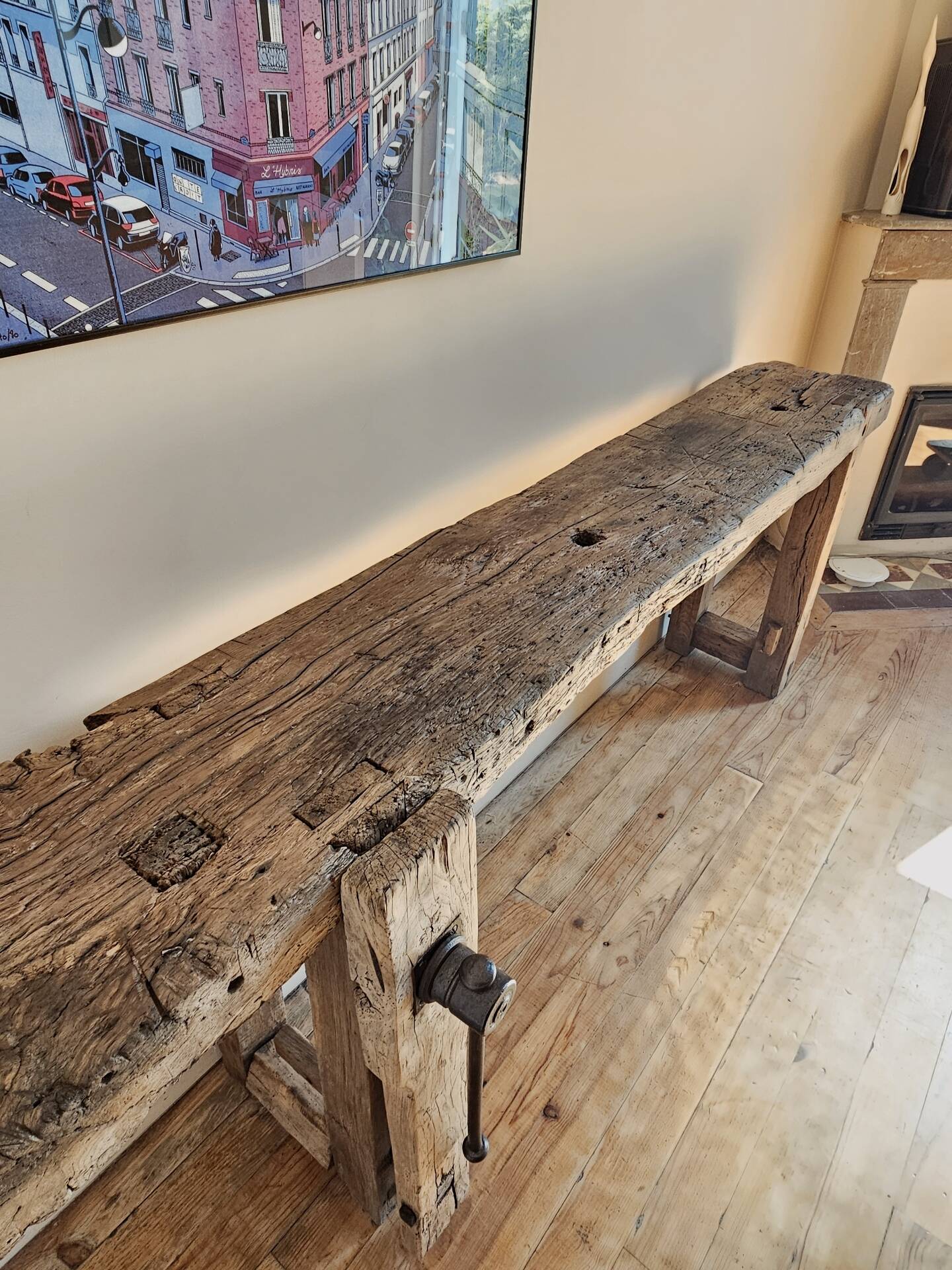 Ancien établi de menuisier – Console en bois massif