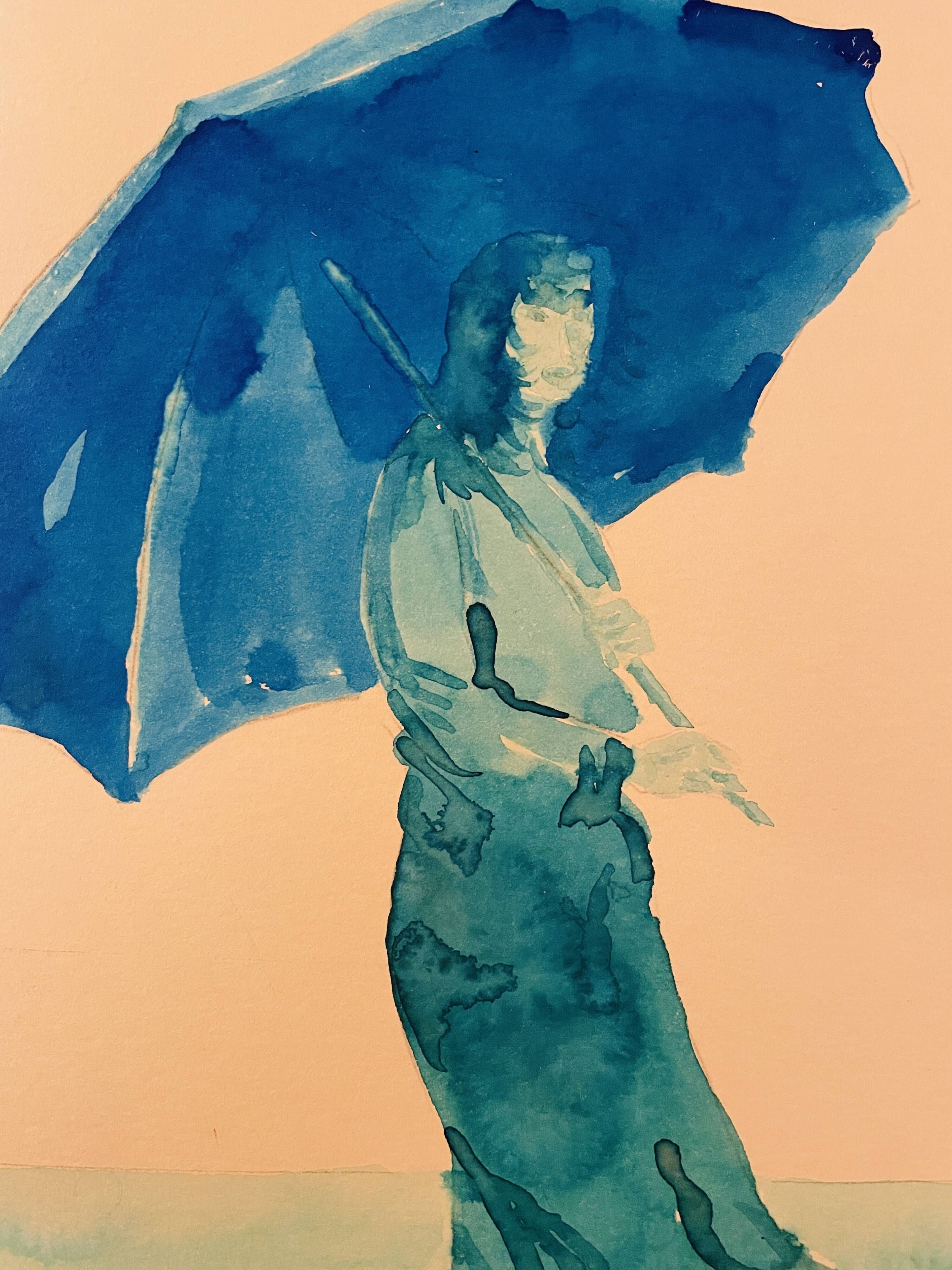 Monochrome blue painting signed female portrait "weekend in Deauville"
