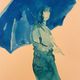Monochrome blue painting signed female portrait "weekend in Deauville"