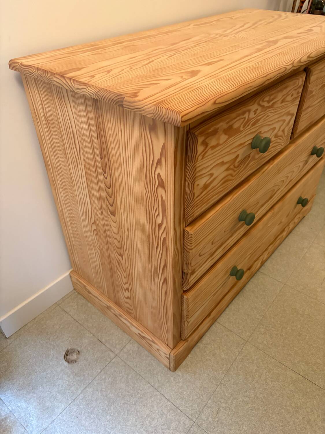 Natural pine chest of drawers - green knobs