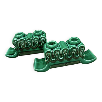 Pair of Art Deco green ceramic candlesticks