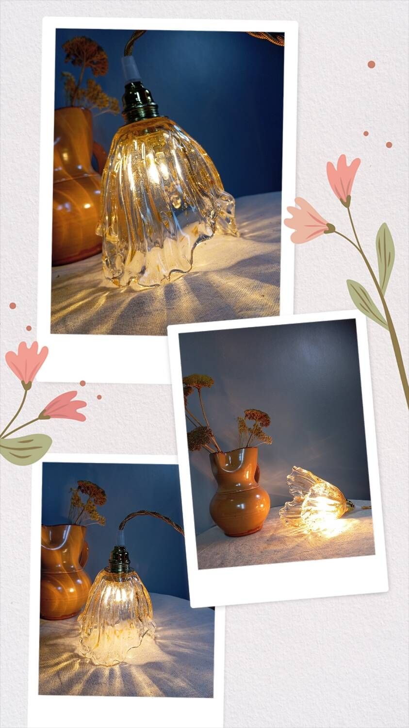 Hanging pendant light thick transparent draped and amber glass, vintage