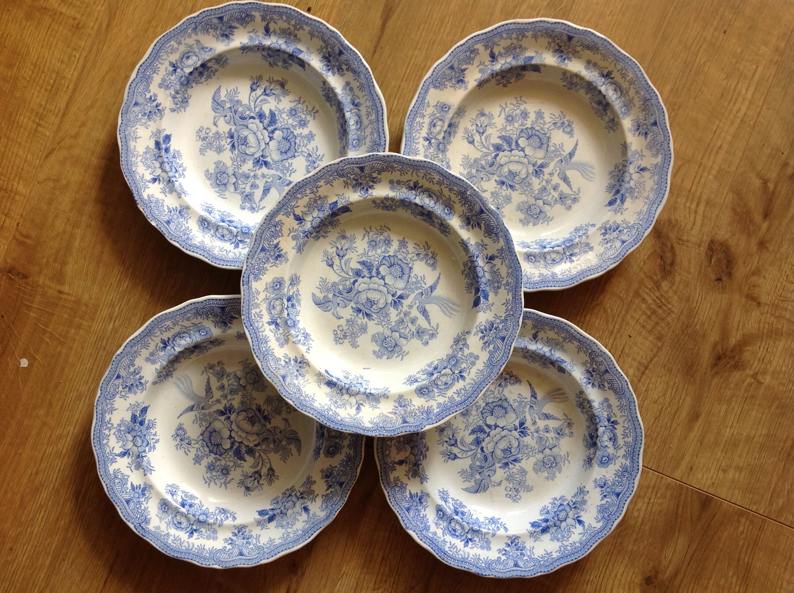 5 plates in faience old blue pattern flower bird