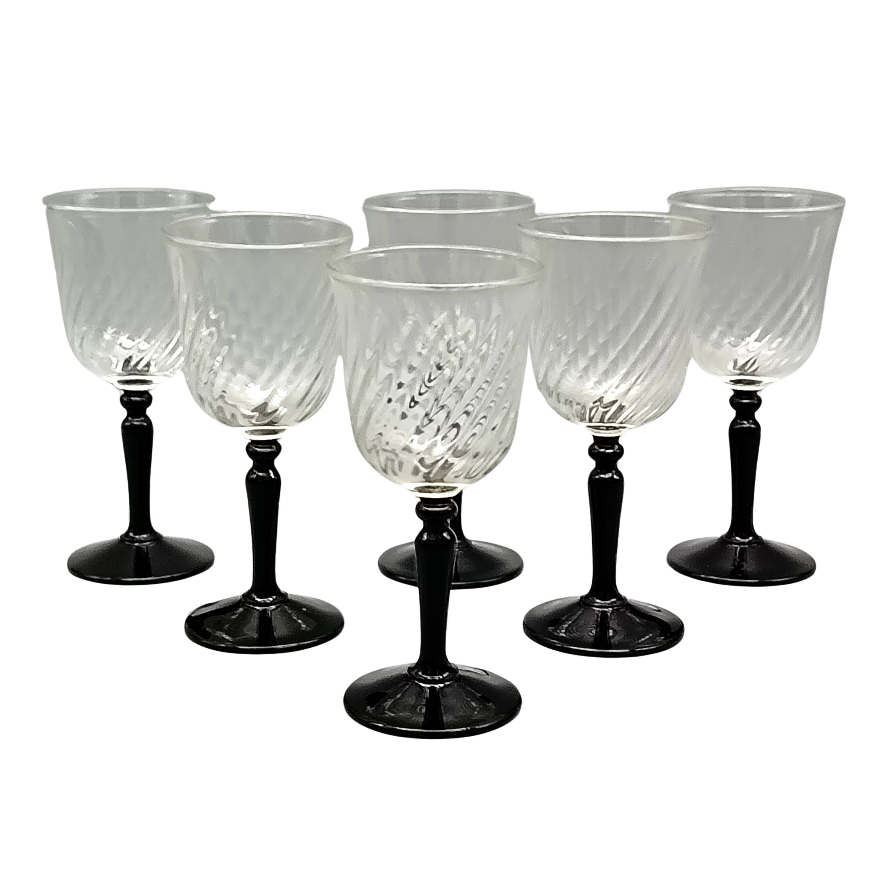 6 liqueur glasses on black opaline foot france, onyx luminarc vintage