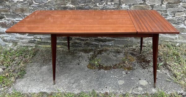 Table pieds effilés compas bois vernis extensible vintage années 50