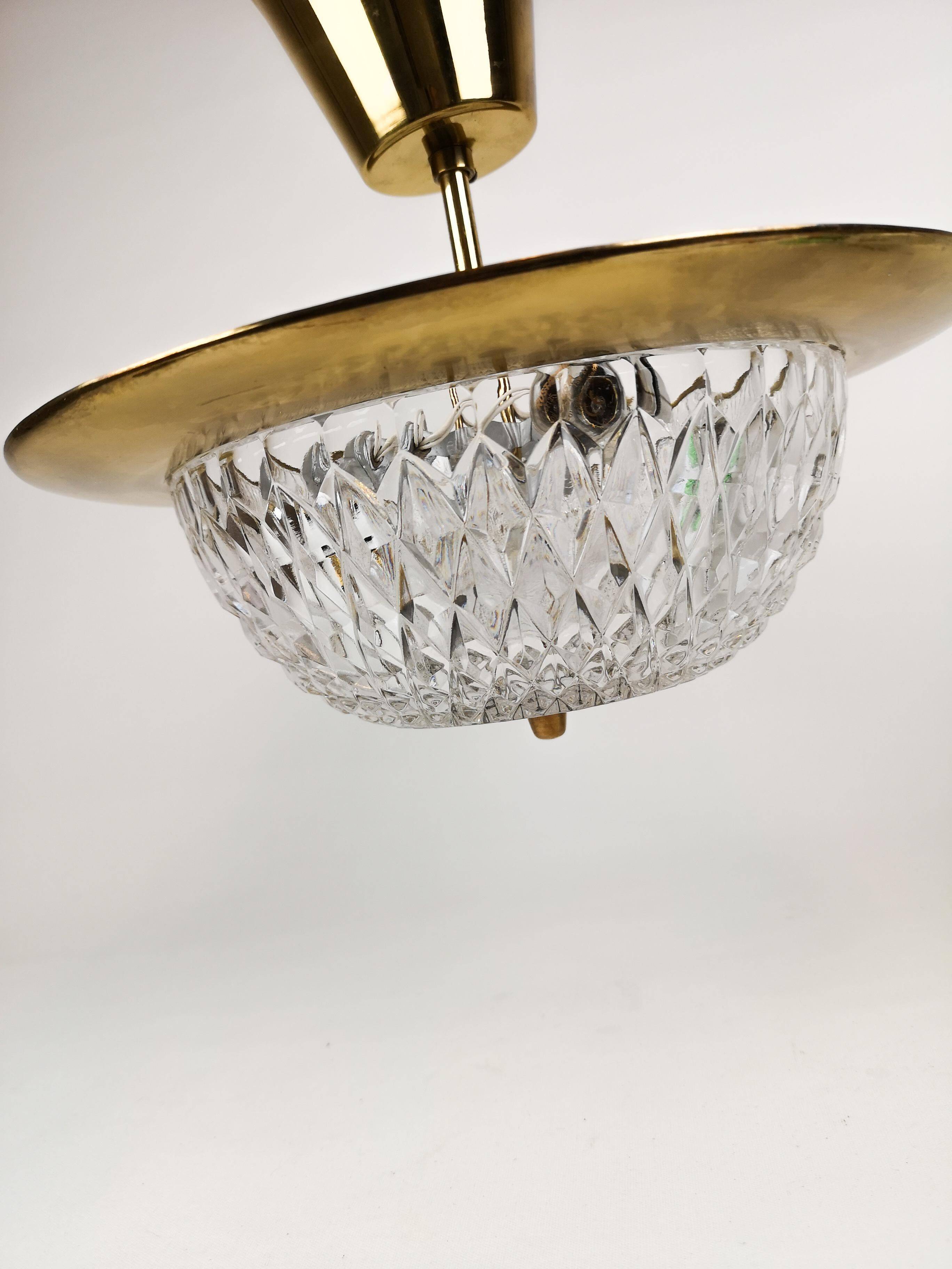 Brass and Crystal Ceiling Lamp from the 1960s by Tyringe for Orrefors, Sweden