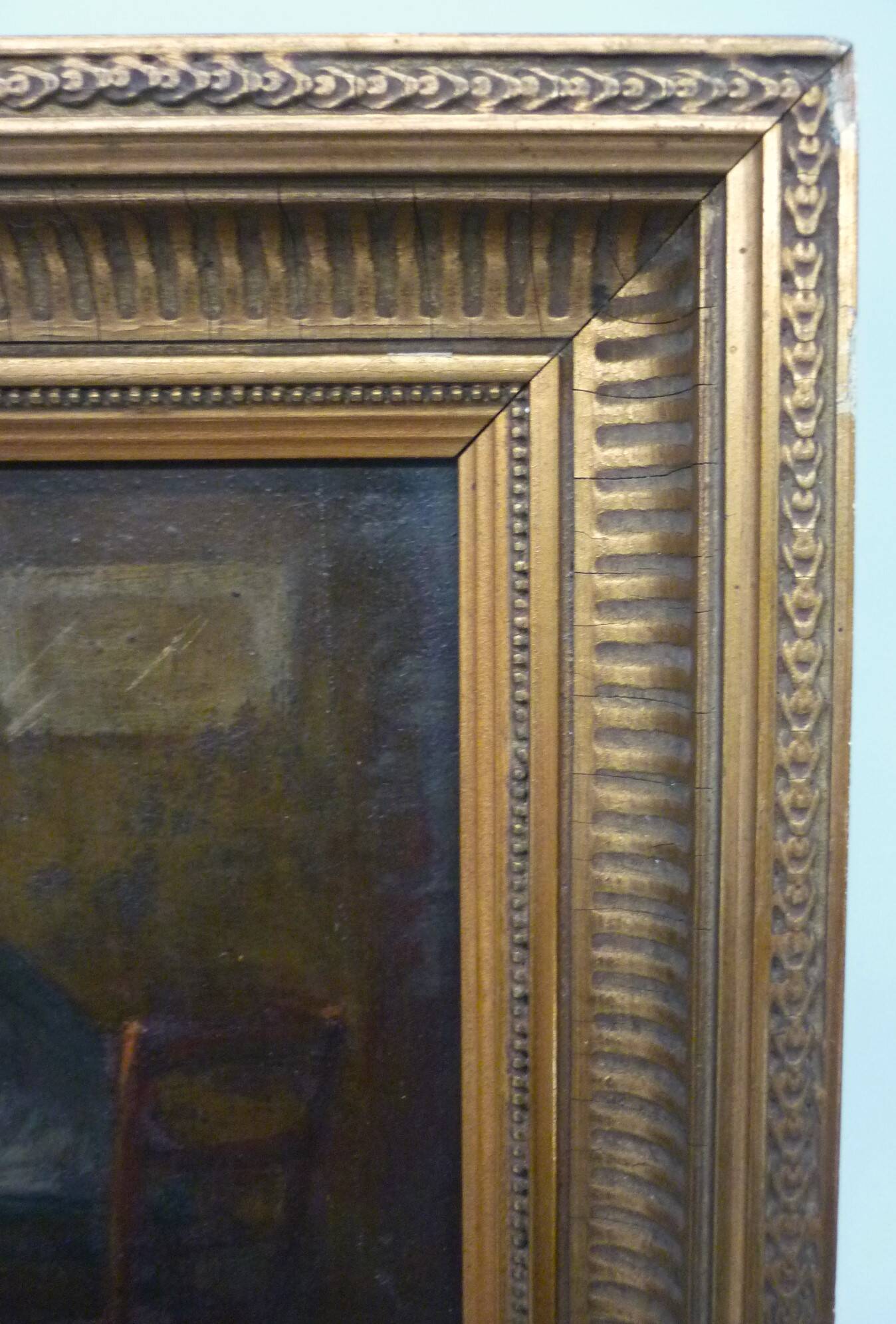 Tableau, huile sur panneau "Bonjour Grand Père", début XXème, cadre doré