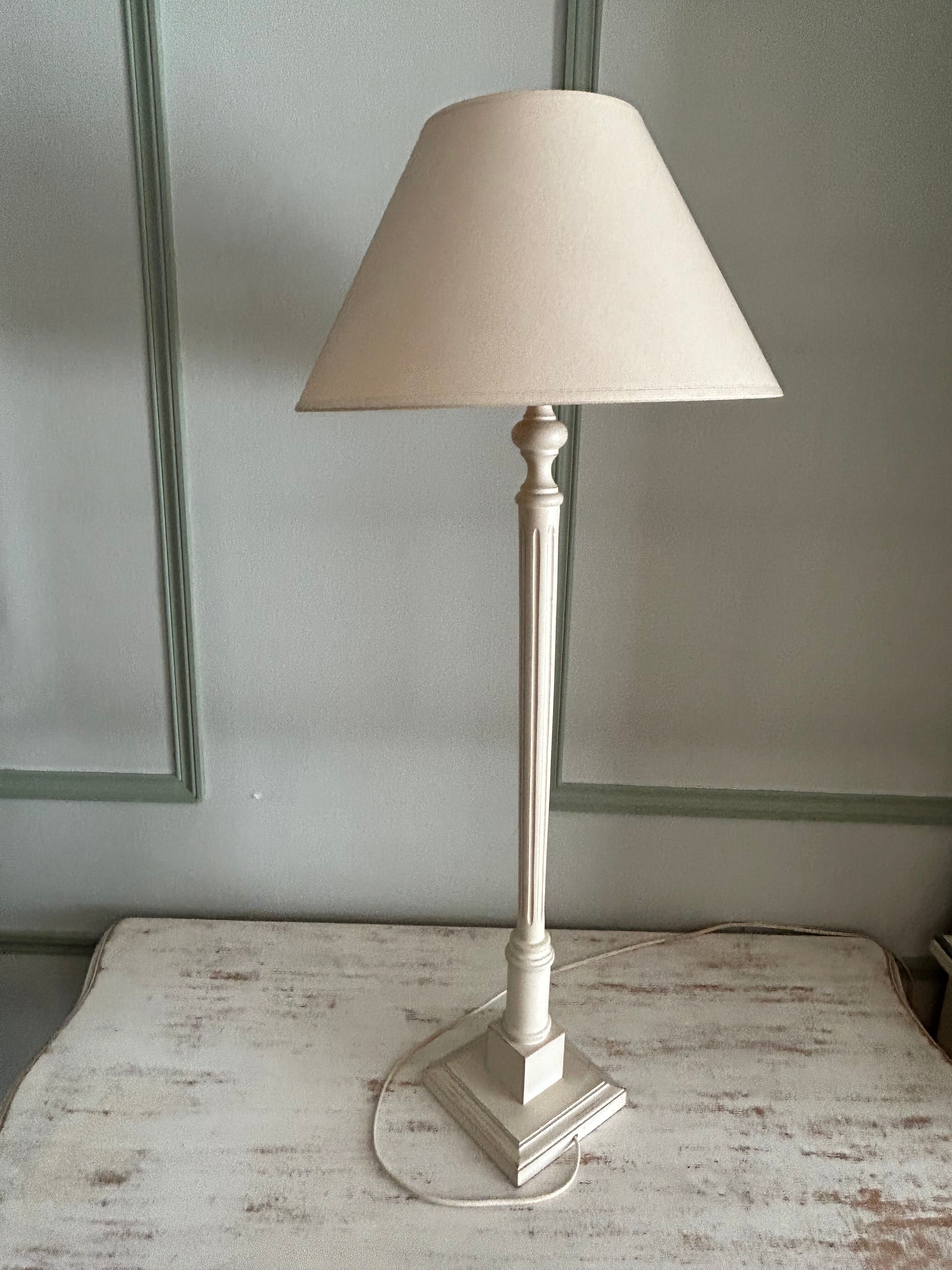 Roche Bobois table lamp, bleached wooden foot, ivory fabric lampshade