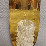 Older wall lamp in brass with hard pressed glass shade.