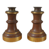 Pair of candlesticks candlesticks wood metal golden brass country decoration handcrafted