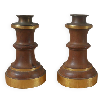 Pair of candlesticks candlesticks wood metal golden brass country decoration handcrafted