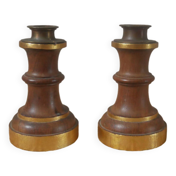 Pair of candlesticks candlesticks wood metal golden brass country decoration handcrafted
