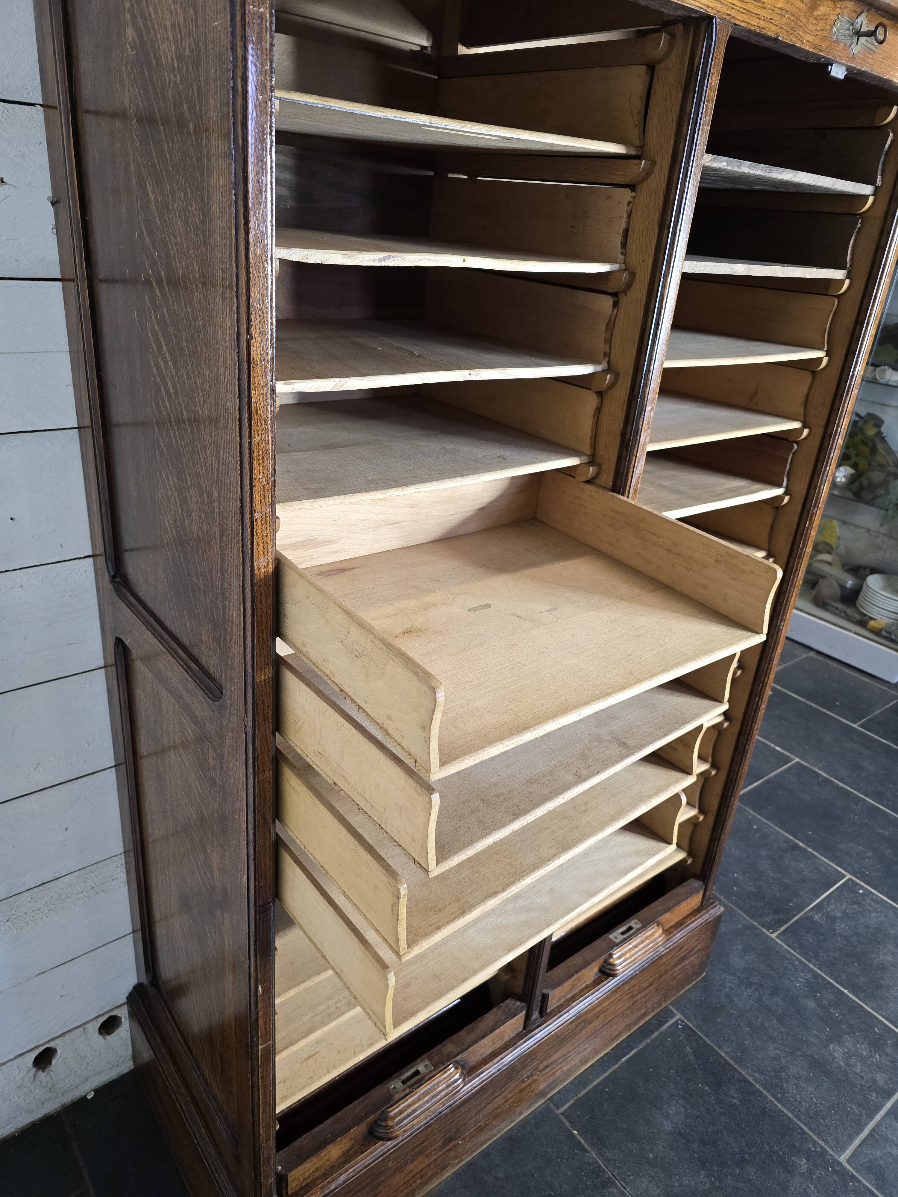 Solid oak double curtain filing cabinet