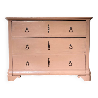 Commode ancienne 3 tiroirs vieux rose pastel vintage