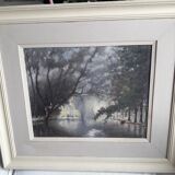 Tableau ancien à l'huile représentant un paysage avec un canal