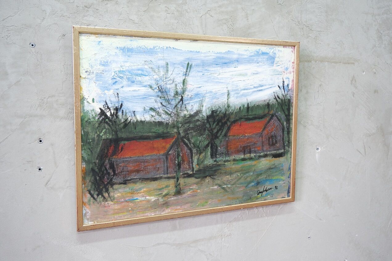 Scandinavian modern painting, signed,  1990s, oil on canvas, framed