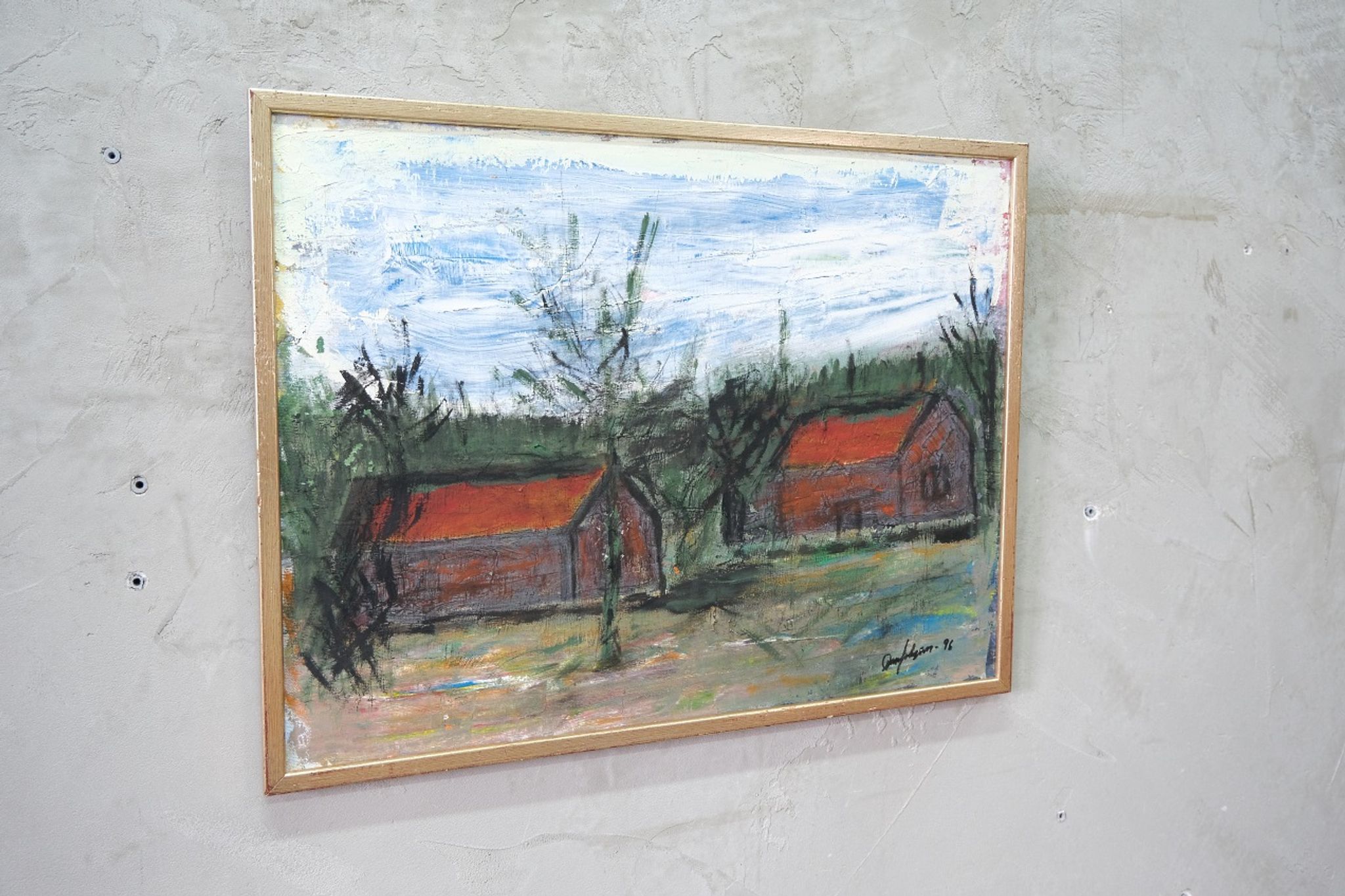 Scandinavian modern painting, signed,  1990s, oil on canvas, framed