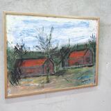 Peinture moderne scandinave, signée, années 1990, huile sur toile, encadrée
