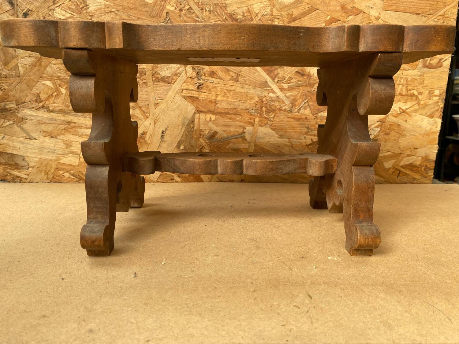 Antique Communion Bench Stool Carved Wood + Metal Monogram Early 20th Century