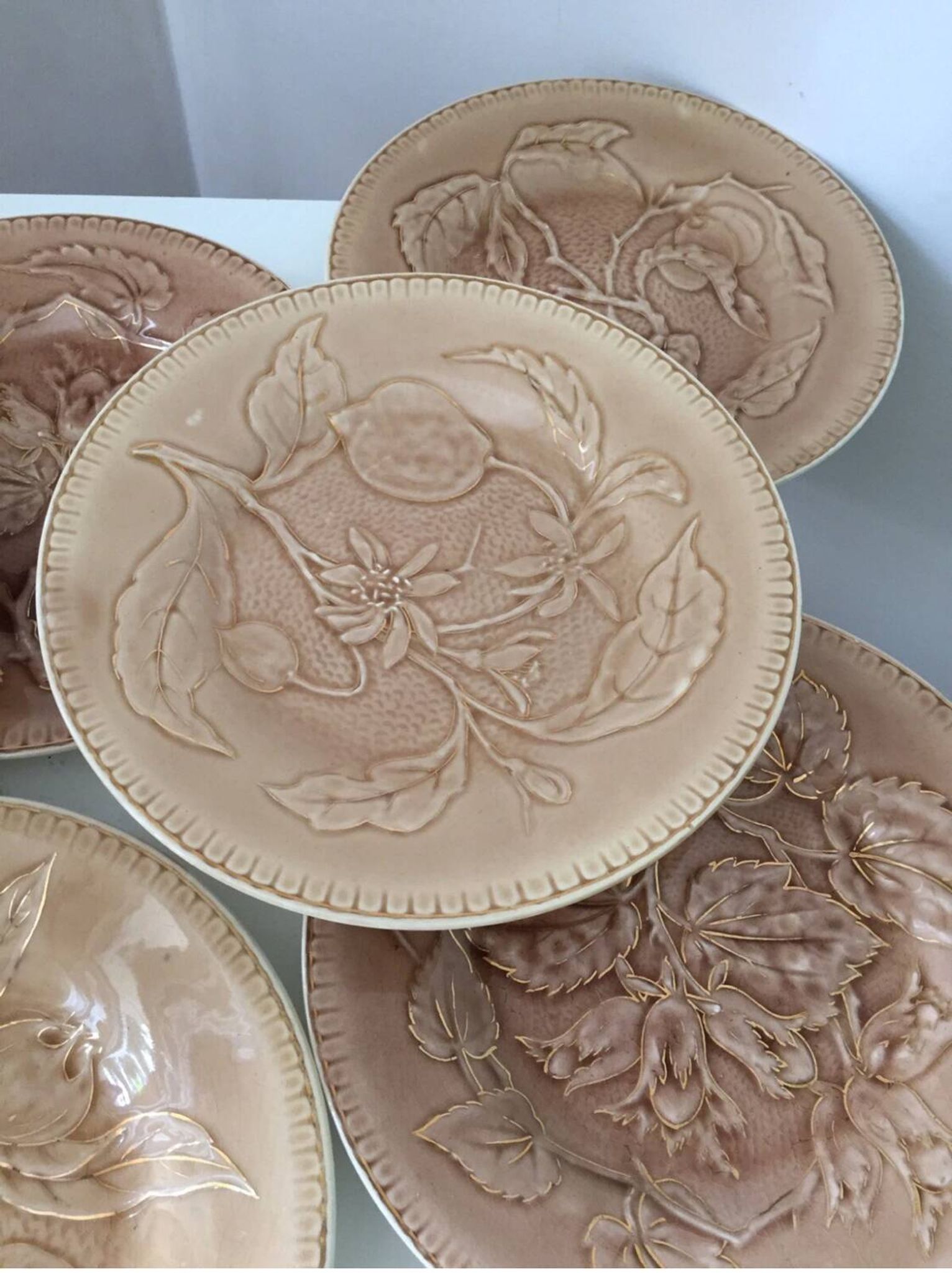 Longchamps Barbotine Terre de Fer dessert plates with fruit and hazelnuts