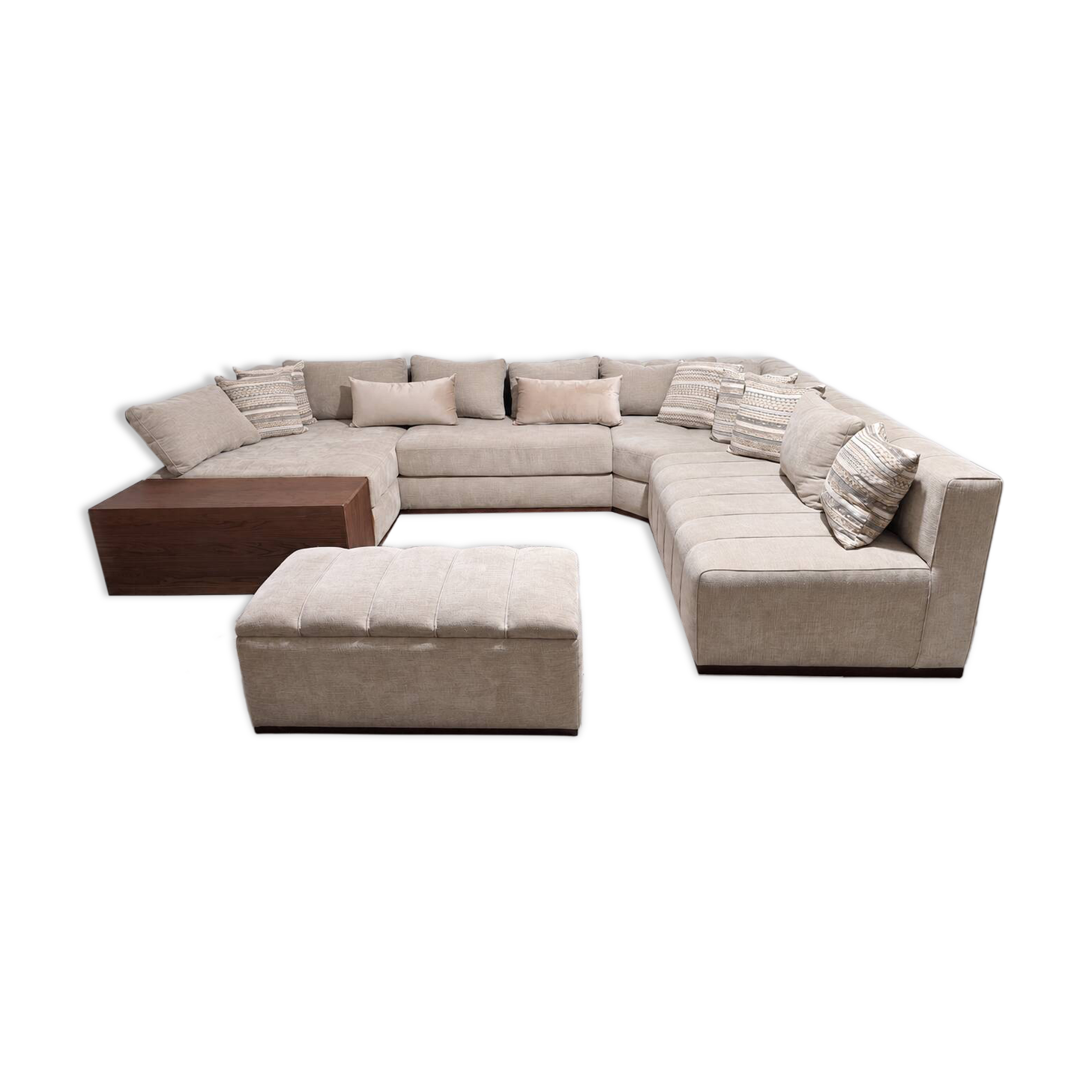 Custom XXL panoramic sofa - Solid walnut and premium fabric