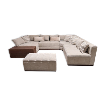Custom XXL panoramic sofa - Solid walnut and premium fabric
