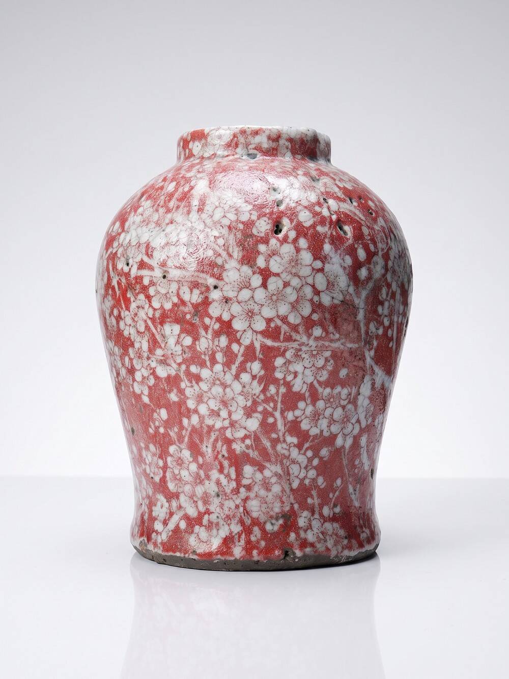 Glazed raku ceramic vase decorated with sakura, vintage 1980s-1990s.