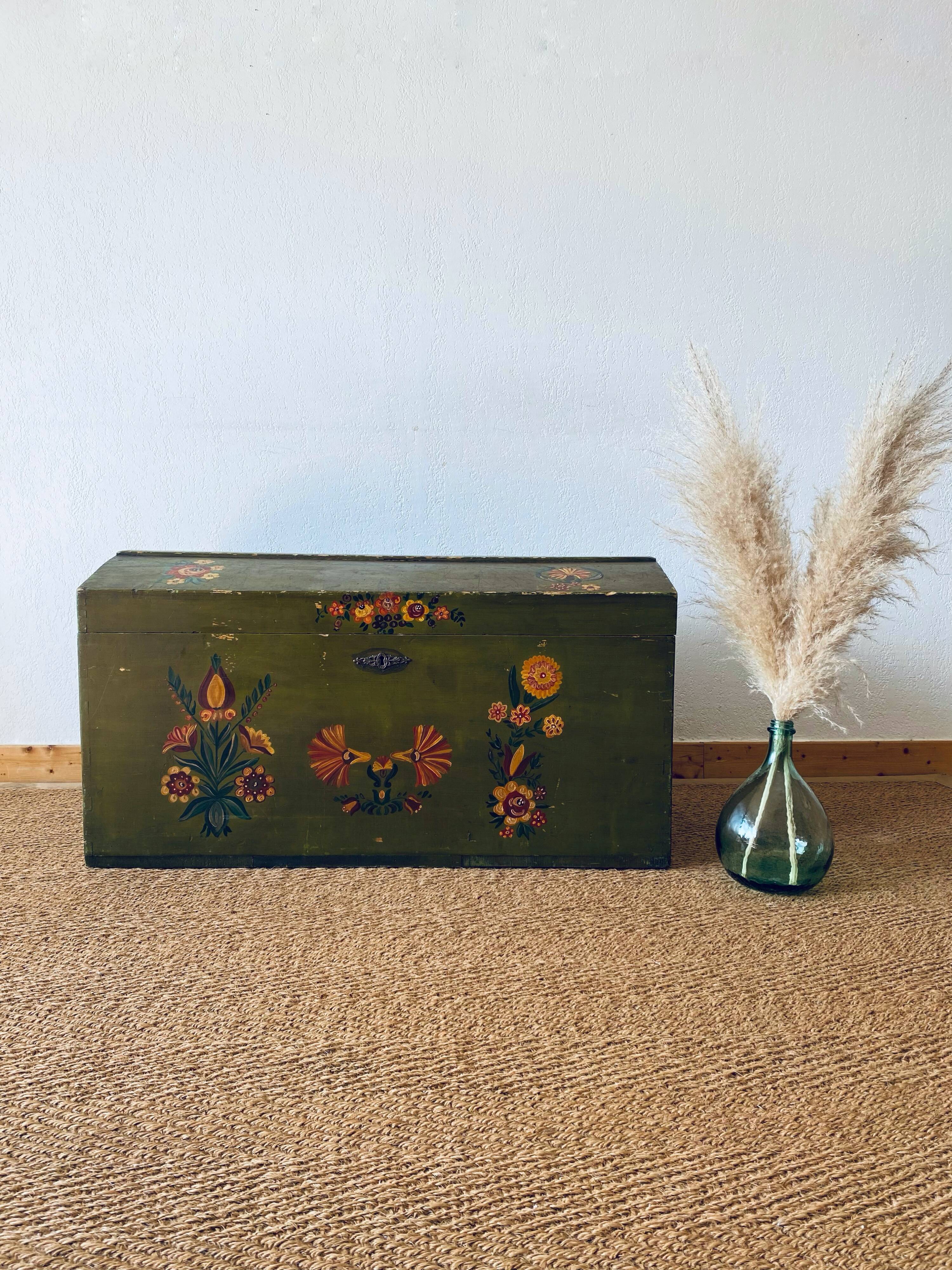 Large antique trunk hand-painted décor