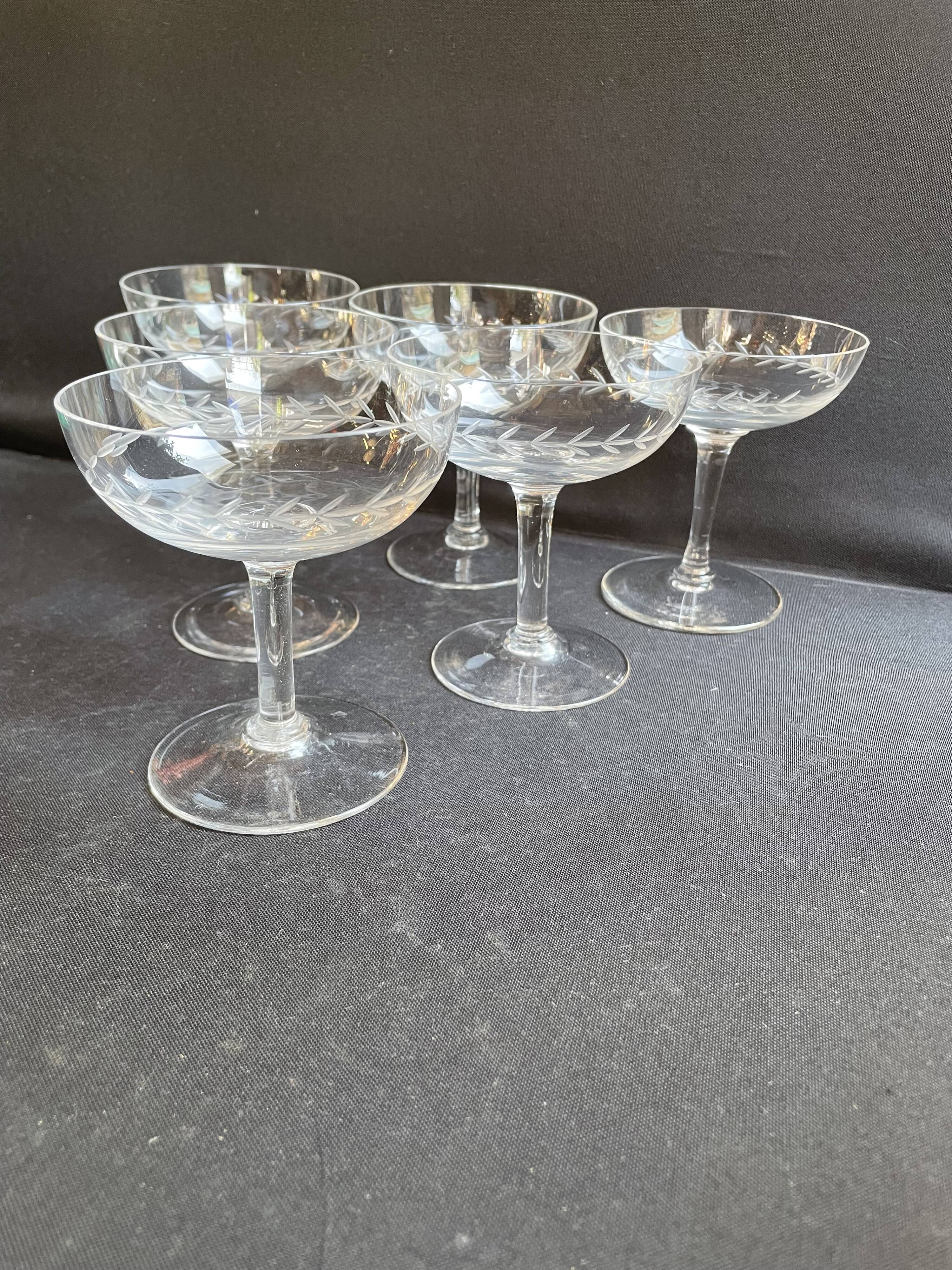 6 Blown and Cut Champagne Glasses