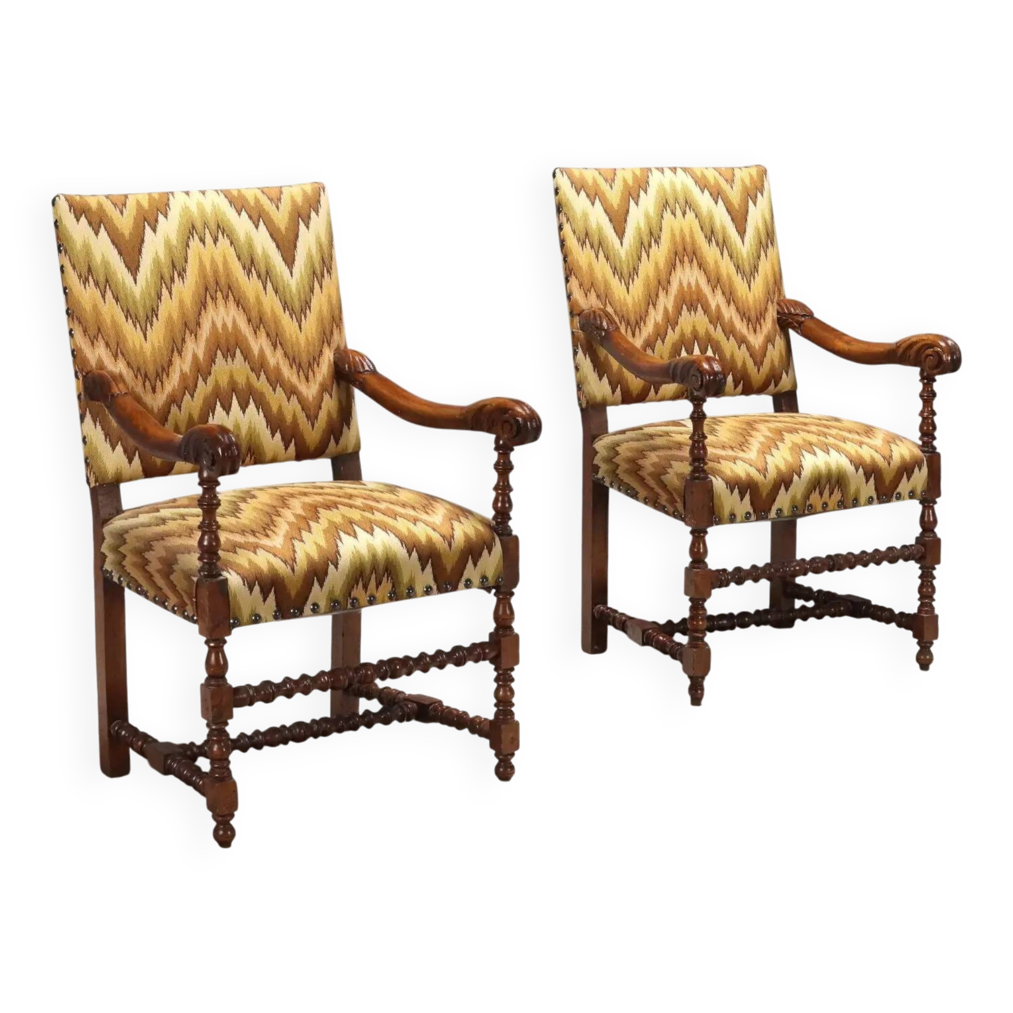 Pair of antique Baroque armchairs in beech, lime and fabric, 18th century.
