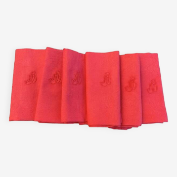 6 large cherry-dyed damask cotton napkins, MB monogram, floral weave pattern