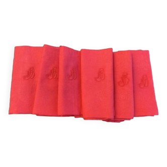 6 large cherry dyed damask cotton napkins, MB monogram, floral weave pattern