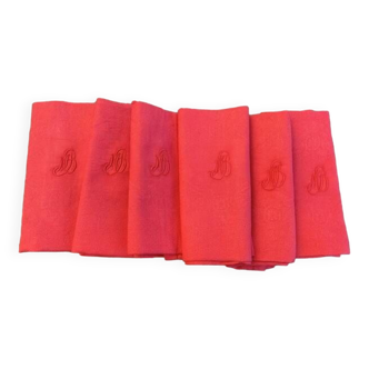 6 grandes serviettes en coton damassées teintées cerise, Monogramme MB, motif du tissage floral