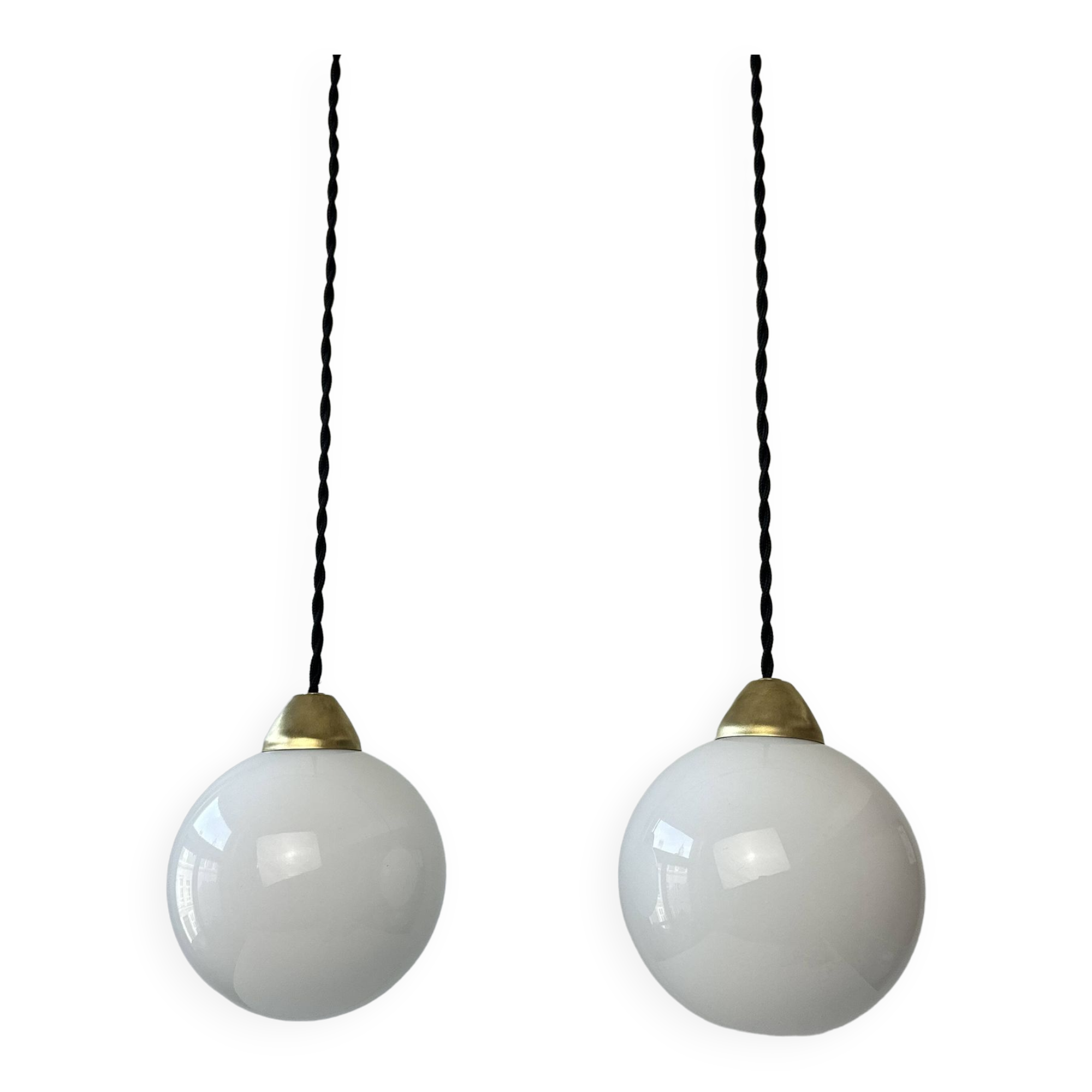 Pair of old vintage round opaline pendants