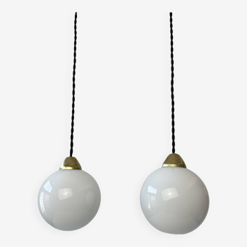 Pair of old vintage round opaline pendants