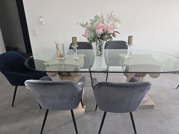 Table ovale en verre colonne marbre