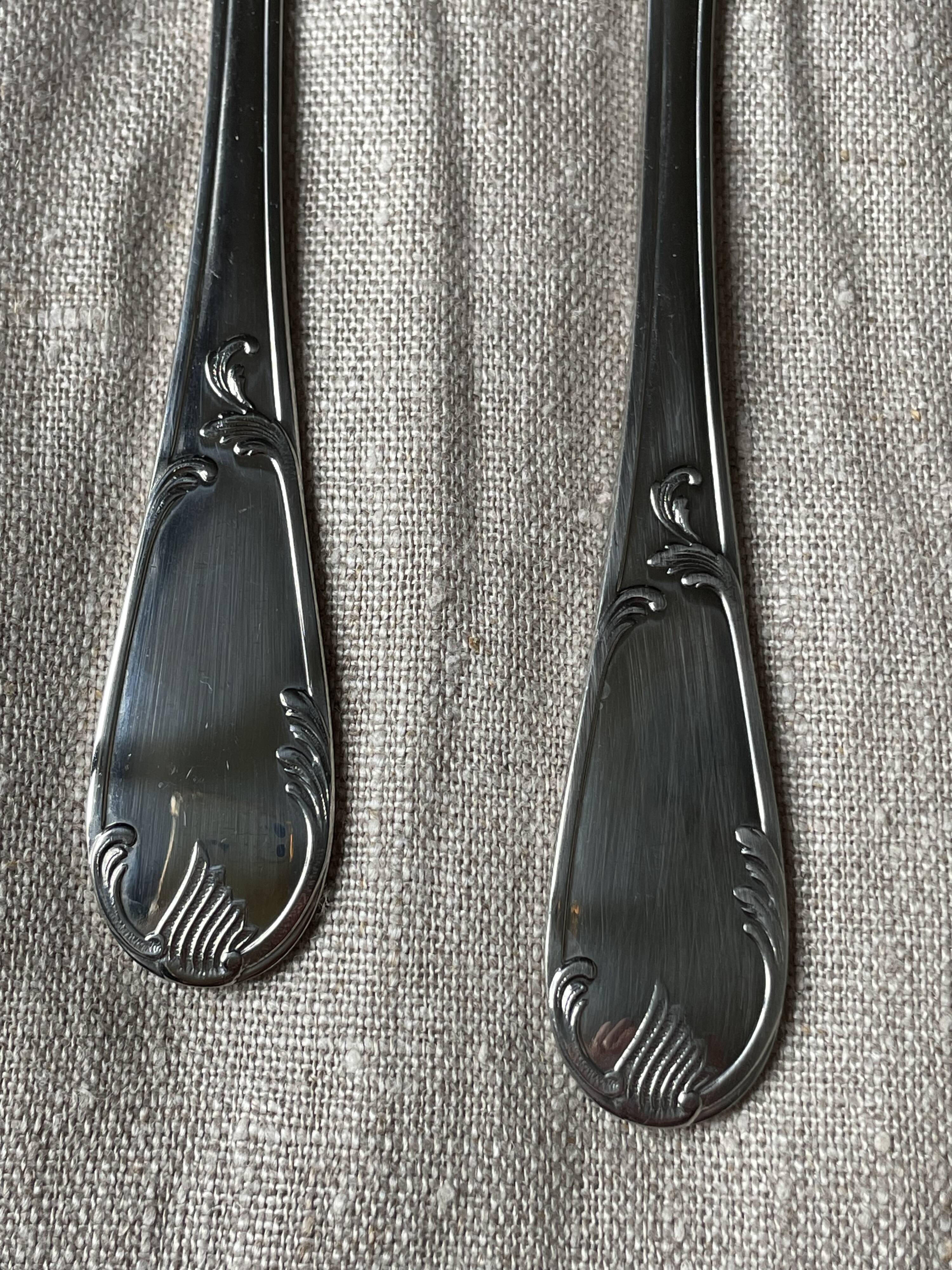 Vintage toile de Jouy cutlery set for 12 fish forks, stainless steel 18/10, like new.