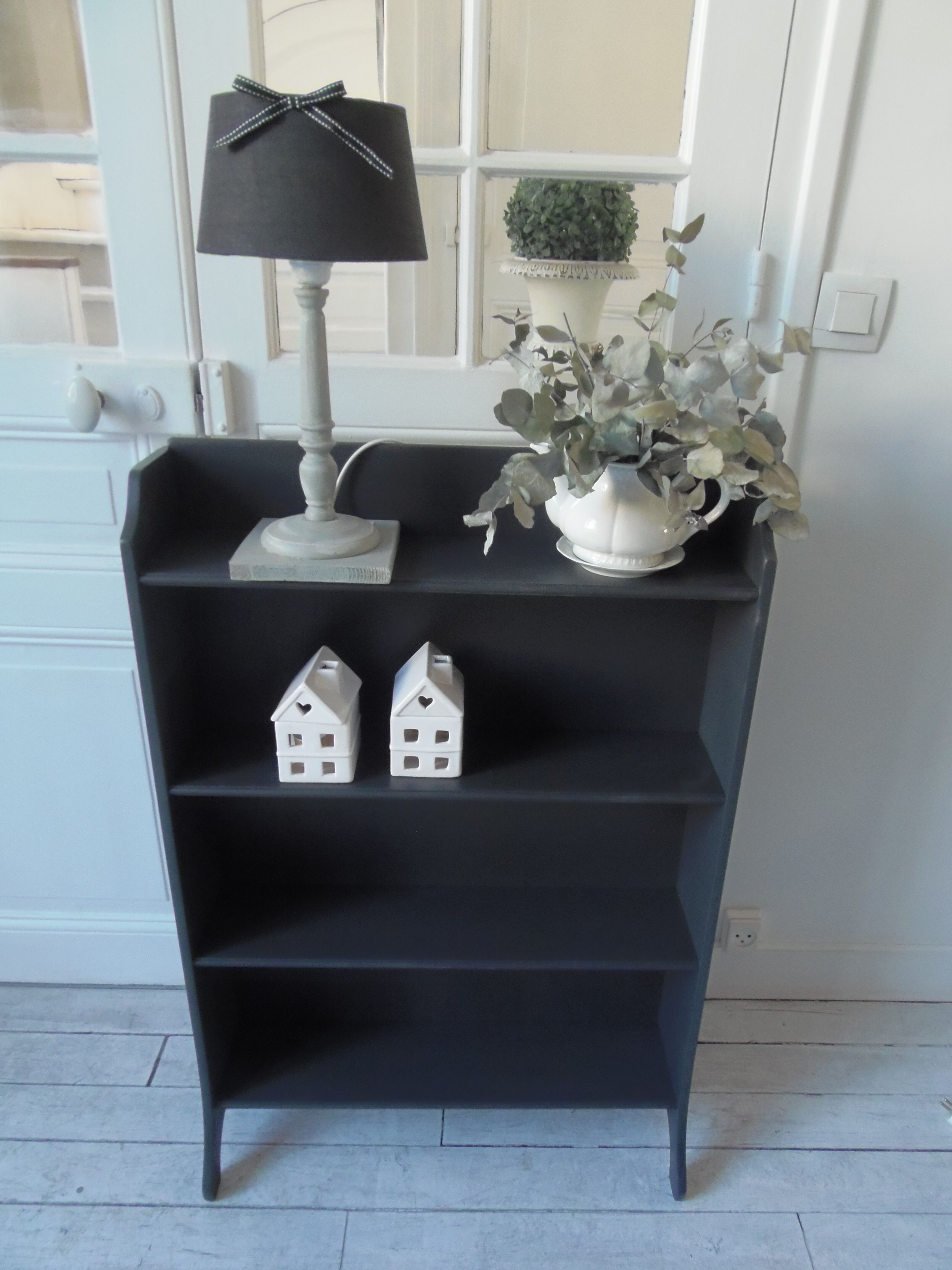 Vintage bookcase grey slate waxed