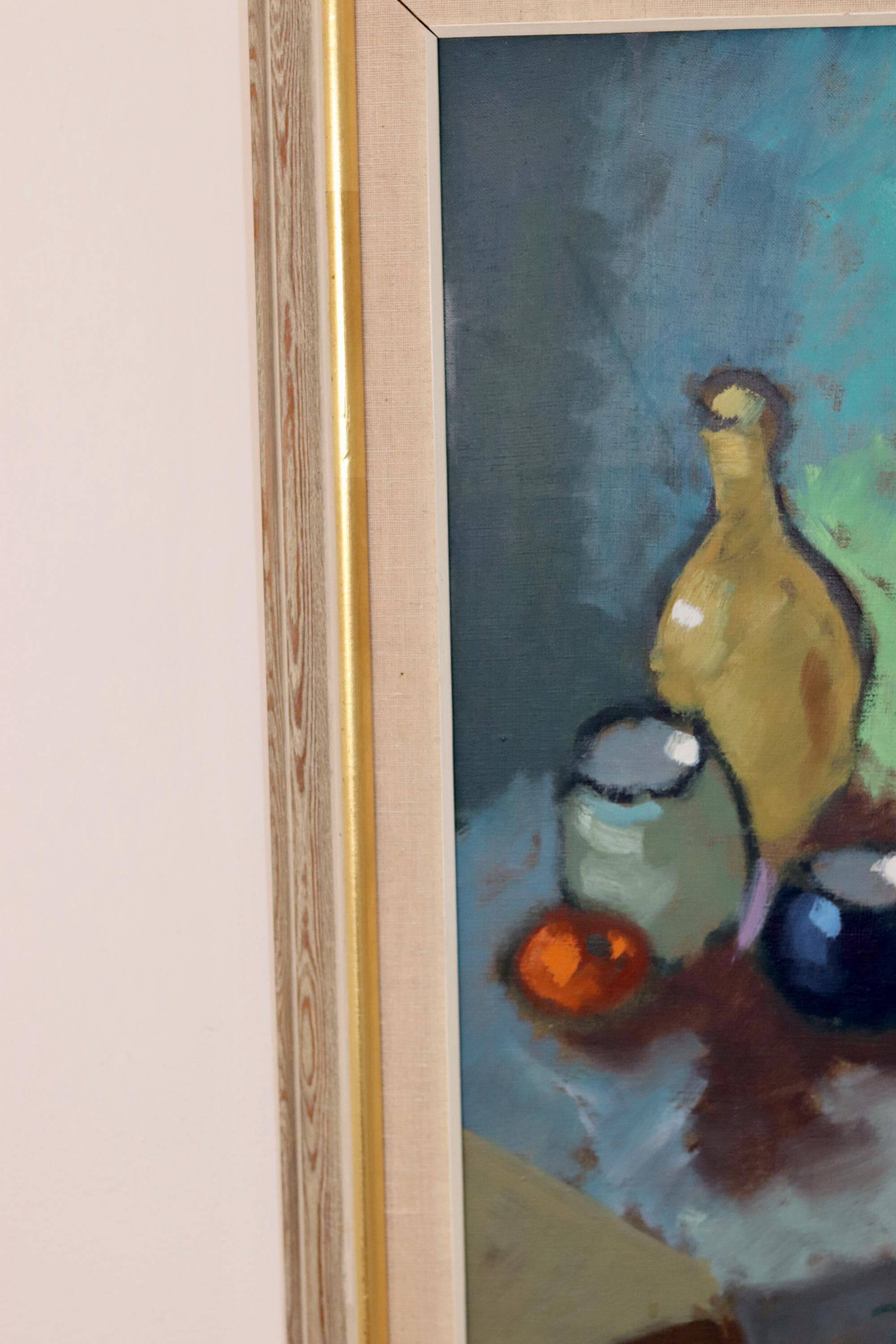 Original Swedish oil on canvas from the mid-1960s "Still Life with Bottles and Fruits" by Kurt