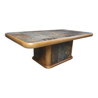 Table basse brutaliste en chêne et pierre, années 1970