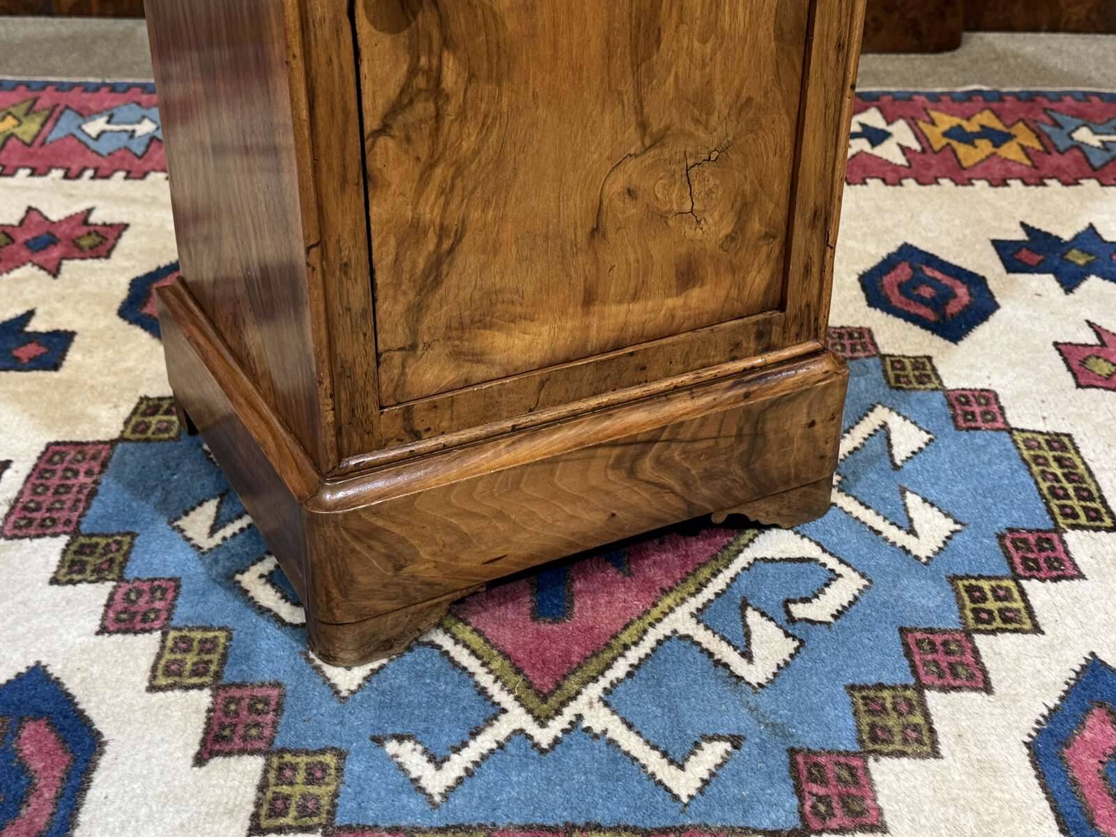 19th-century bedside table in walnut, oak, and marble top.
