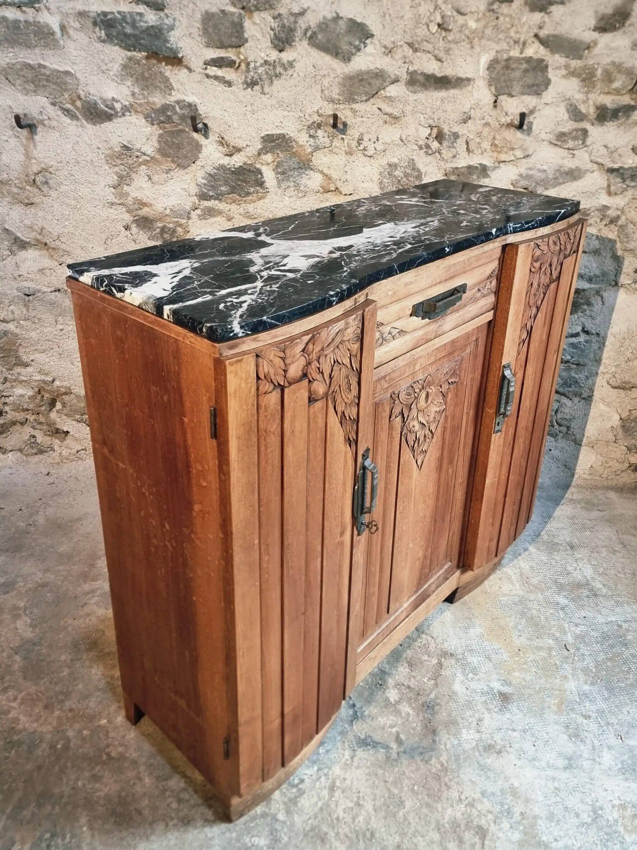 French Art Deco walnut sideboard with marble top, 1920s
