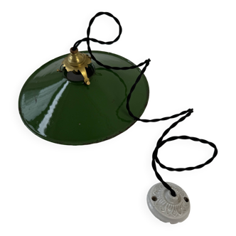 Old conical industrial pendant light in green enamelled sheet metal