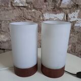 Pair of scandinavian table lamp glass and teak