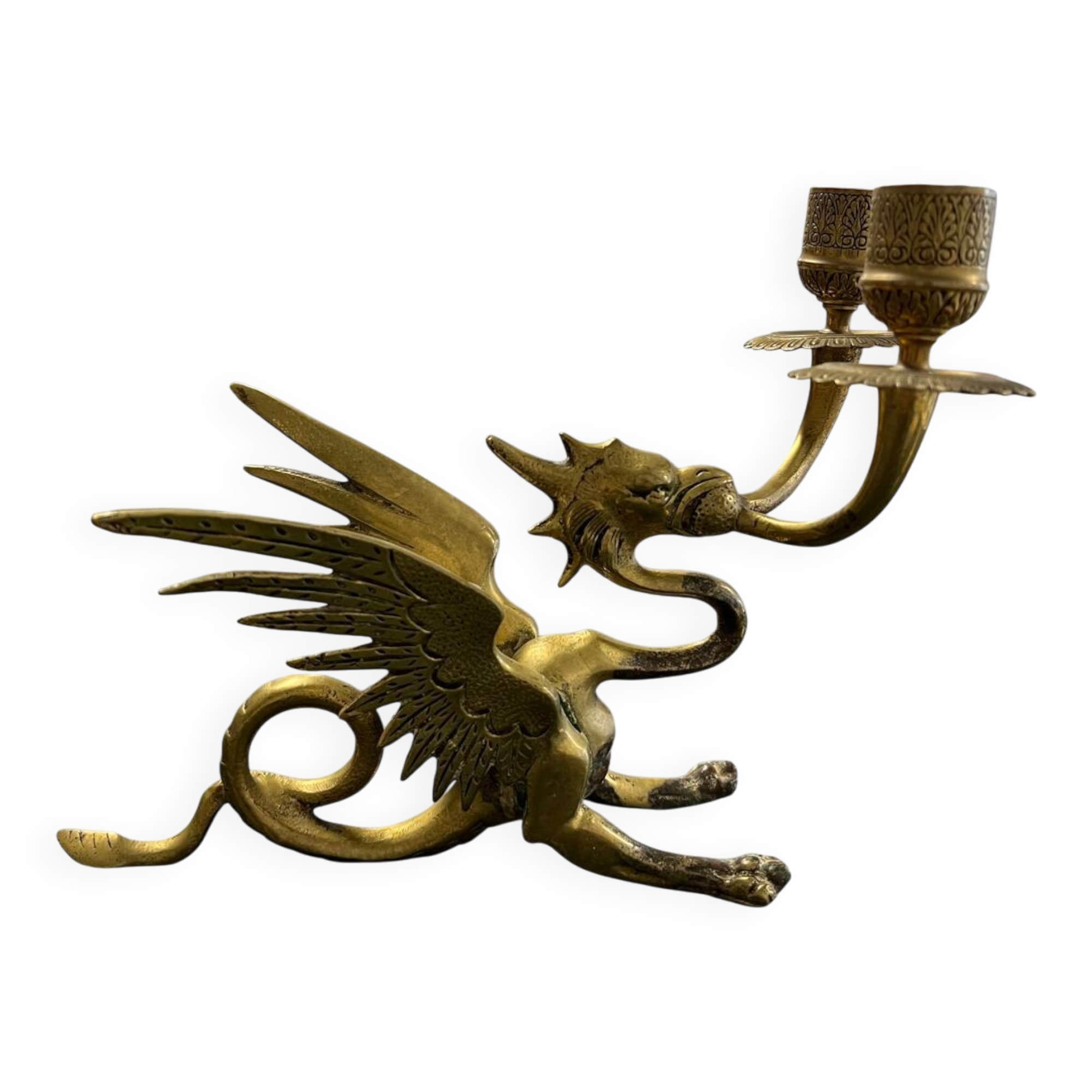 Vintage brass winged dragon double candlestick (Hollywood  Regency)