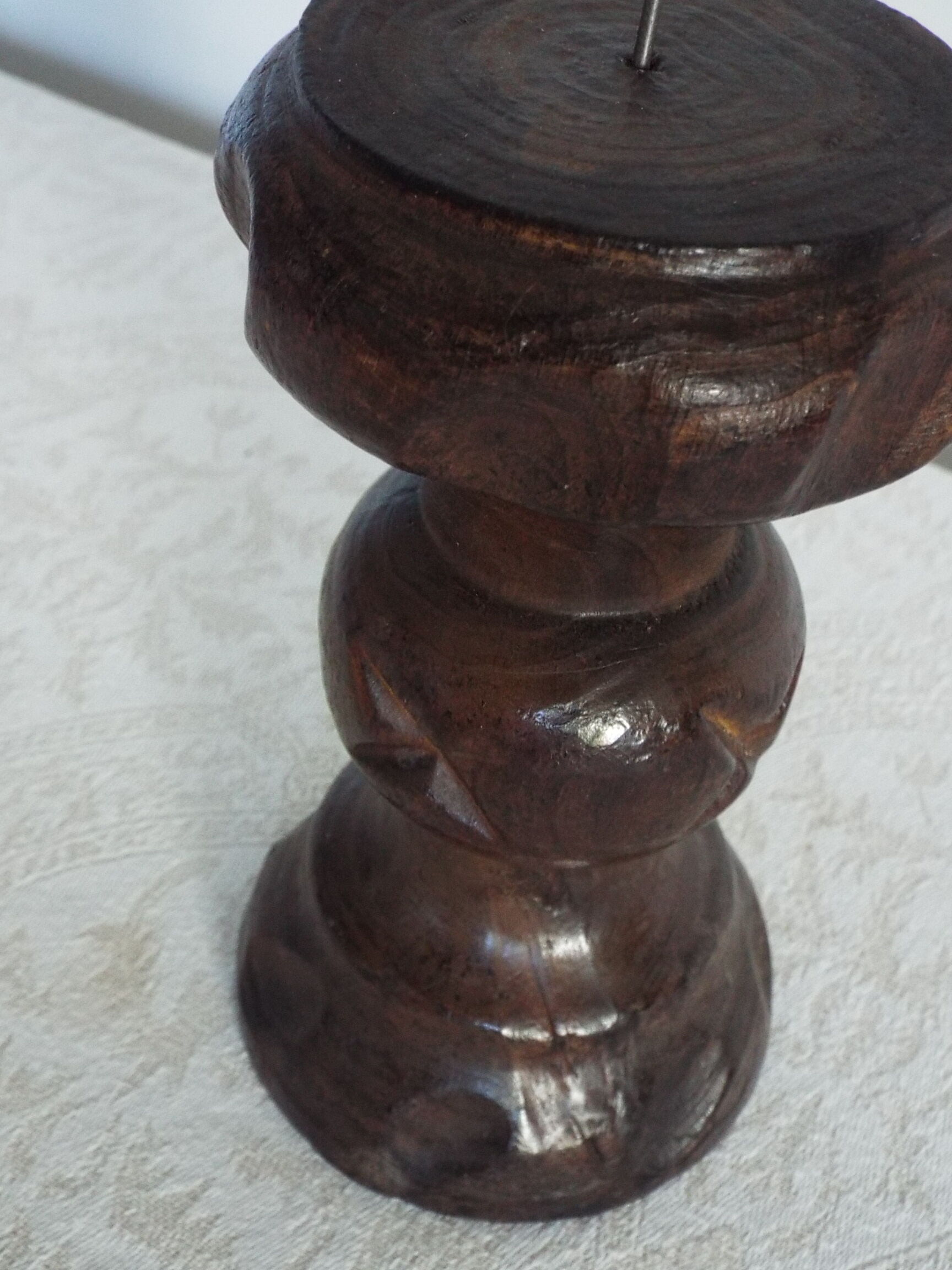 3 turned wooden candle holders