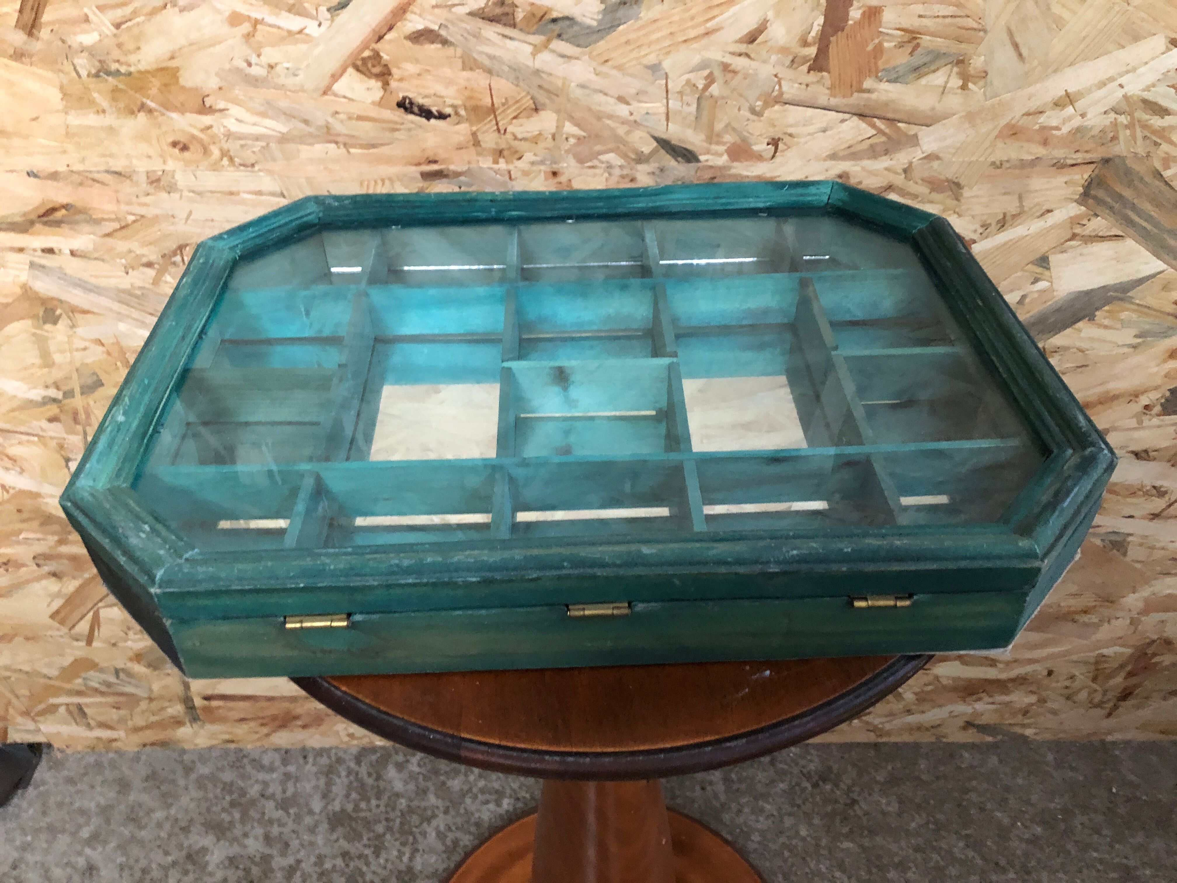 Old hanging showcase 18 green wood boxes + mirror + vintage glass door